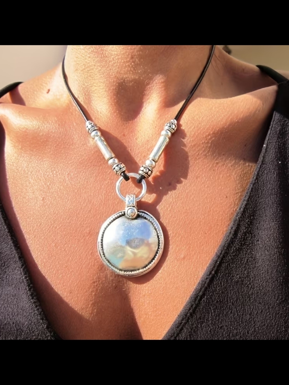 NWT Vintage Bohemian Silver Disc Pendant Cord Necklace